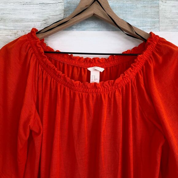 H&M Conscious Bardot Swing Dress Orange Off Shoulder Jersey Knit Womens XS - Picture 3 of 9